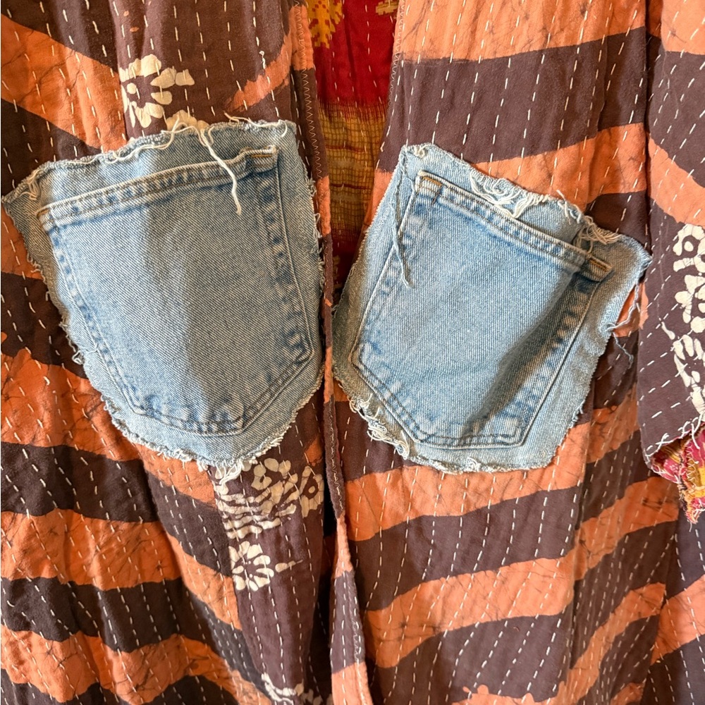 Kantha Striped Kimono with Denim Pockets - Picture 2 of 4